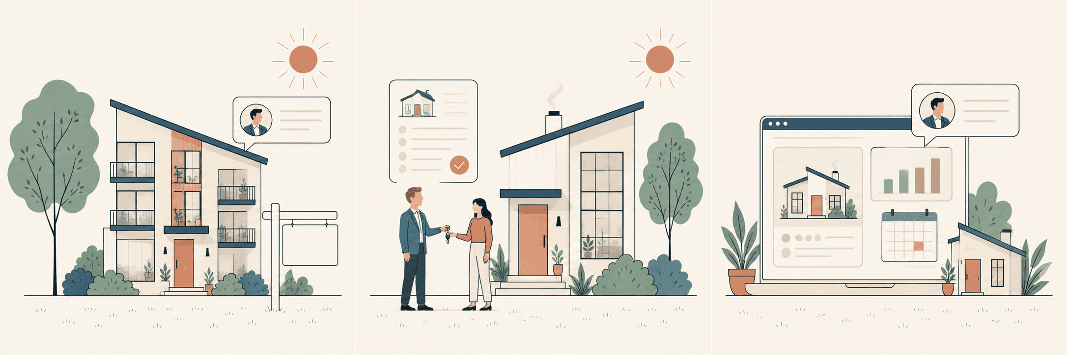 Ilustración en tres escenas: un edificio en venta, la entrega de llaves y el proyecto en pantalla con agenda y reportes